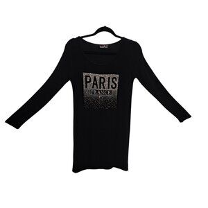 Attitude Paris Black Rhinestone "Paris France" Long Sleeve Dress XL